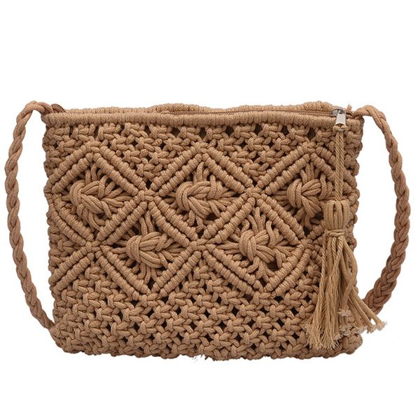 

tftp-women's single shoulder bag all-match summer bag paper rope hook woven bags bamboo tassel beach handbag khaki