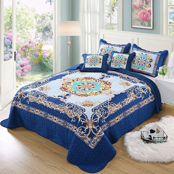

bohemian retro national style 100%cotton 3pcs blue floral applique patchwork quilt bedspread full/ size an