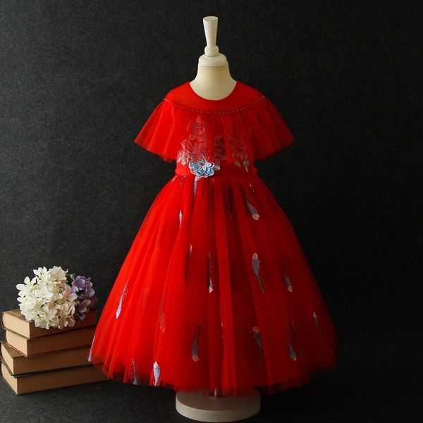 

flower girl wedding party bridesmaid party lace dress girl's first formal communion dinner exchange embroidery dress, Red;yellow