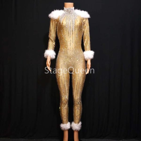 

stage wear women sparkly rhinestones feathers skinny jumpsuit bar party female leotard european style luxury clothing singer costume, Black;red