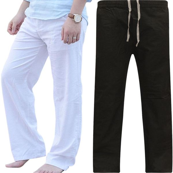 

new men's summer casual pants natural cotton linen trousers white linen elastic waist straight men's pant, Black
