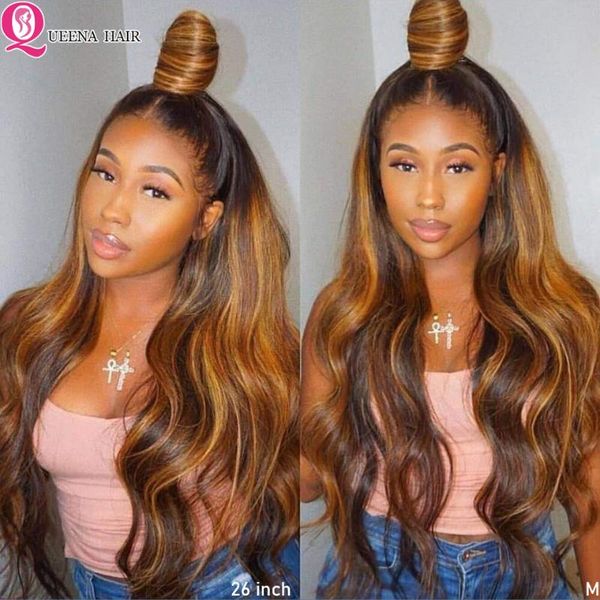 

lace wigs honey blonde highlight wig 99j body wave front human hair 150% ombre brown peruvian pre plucked 13x4 remy, Black;brown