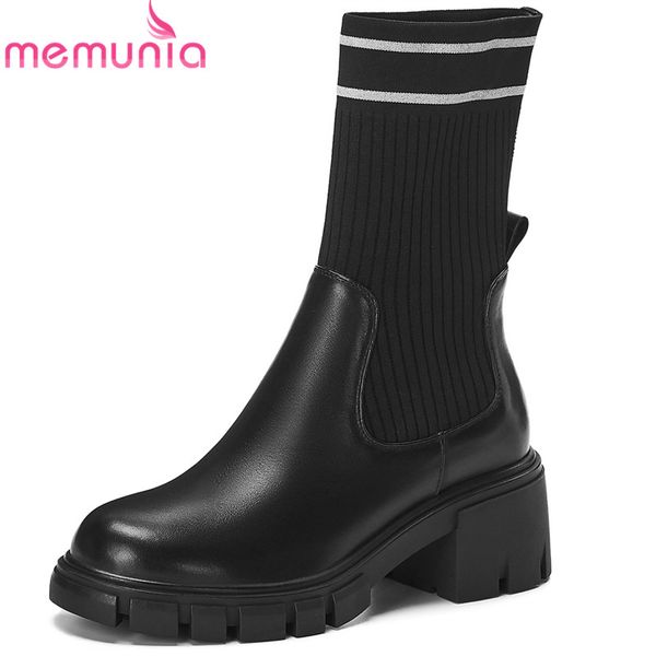 

memunia 2020 new arrival genuine leather ankle boots women mixed colors autumn stretch boots square heels casual shoes female, Black