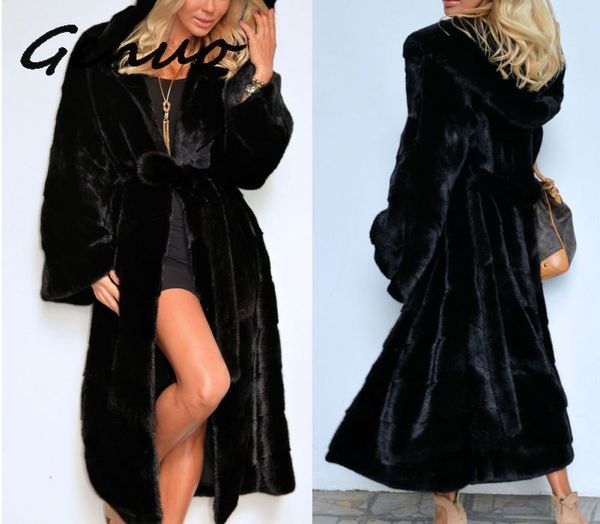 

genuo new winter fur warm hooded large size medium length solid color fur & faux women new casual long sleeve women coat, Black