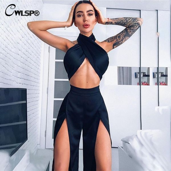 

cwlsp 2018 fashion two piece set women's suit cross and pant crop back lace up split pant elegant woman clothes qz2993, Gray