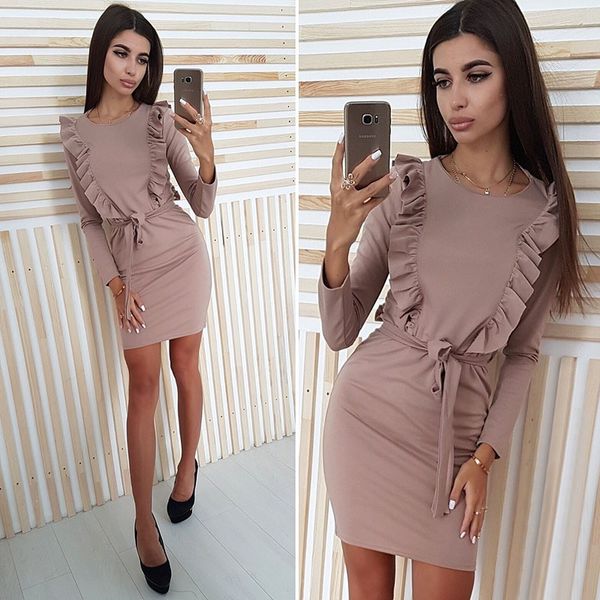 

sleeves long round collar chest lotus leaf edge dress female, Red;white