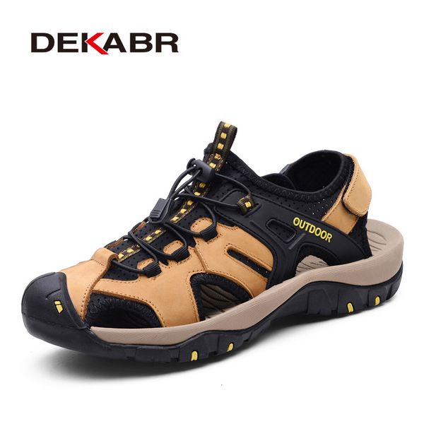 

genuine leather men sandals new dekabr summer men shoes beach sandals for man fashion brand outdoor casual shoes walking flats, Black