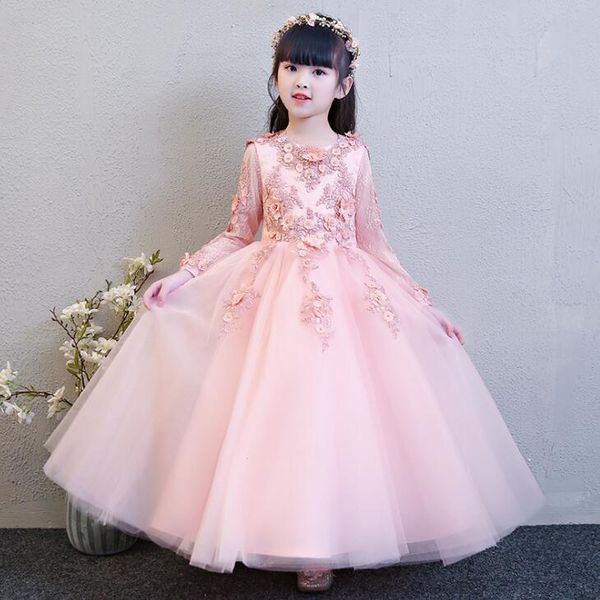 

dance costume children's dress girls princess dress long sleeve christmas presenter piano costume flower girl wedding dress, Red;yellow