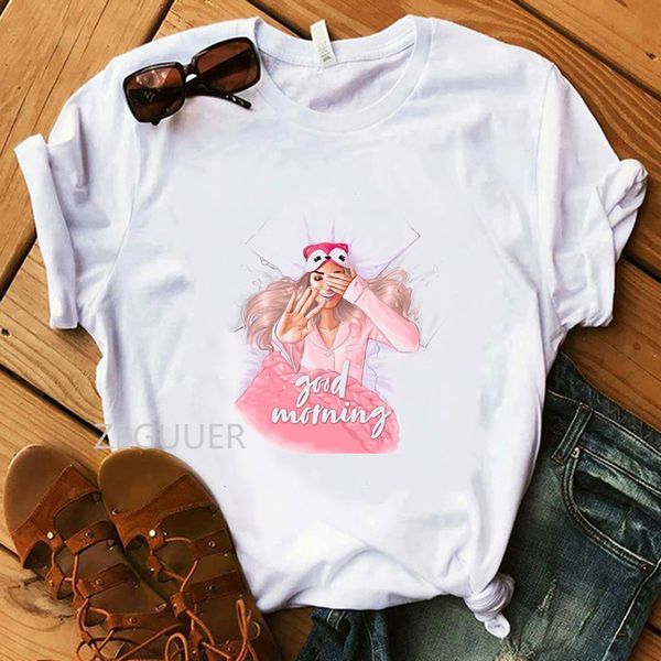 

summer tees good morning sweet girl illustration t-shirt female 100% cotton white soft women t-shirt hipster streetwear