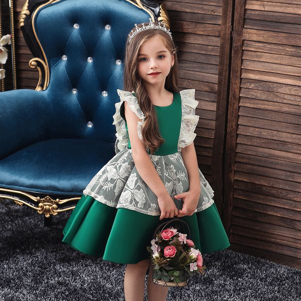 

satin wedding flower girl dress o neck ruffle lace flower girls formal party dress, White;blue