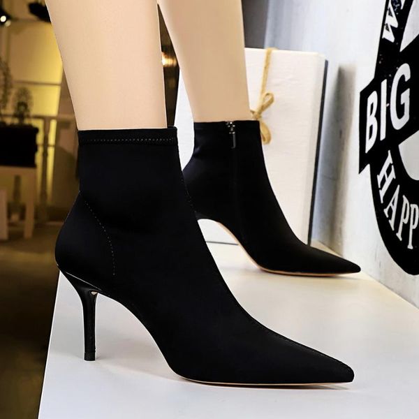 

2020 spring/autumn women ankle boots high thin heel pointed toe zip solid fashion lycra fibre ladies women shoes short boot, Black
