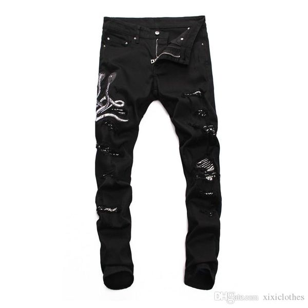 

tide brand slim micro-elastic personality men's jeans fashion casual mens pants black hole printing high-quality motorcycle luxury jean, Blue