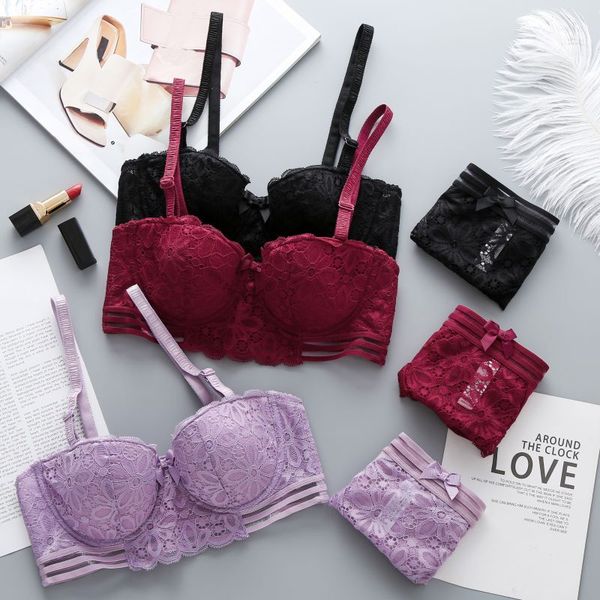 

lace with steel ring padded small chest gathered bra + underwear set printing embroidery detachable shoulder strap bra, Red;black