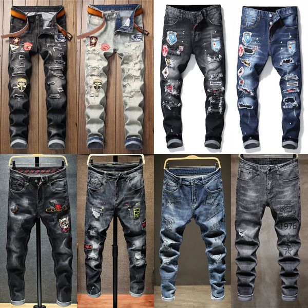 

autumn and spring embroidered flower jeans men's ripped beggar pants badge printed light-colored elastic trend men's long pants 29, Blue