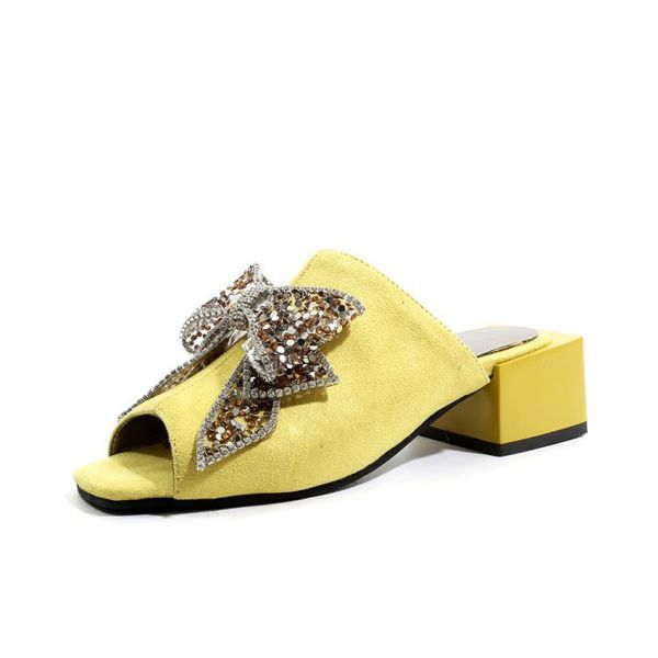 

2019 new summer fashion women's slippers outside square heel with diamonds butterfly -knot large fish mouths heels height 5cm, Black
