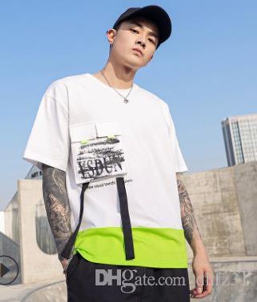 

short-sleeved t-shirt men's casual hong kong style loose men's three-dimensional pocket half-sleeved t-shirt wild round neck trend, White;black