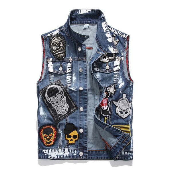 

mens designer jackets luxury denim vest stamping skull embroidered denim clothes bomber motorcycle biker jacket men fashion streetwear, Black;brown