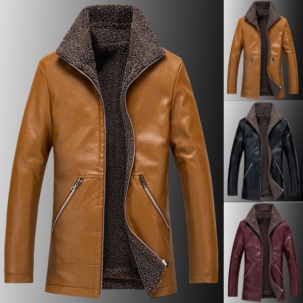 

winter coat men winter leather jacket biker motorcycle zipper long sleeve coat blouses jacket support dropshipping, Black;brown
