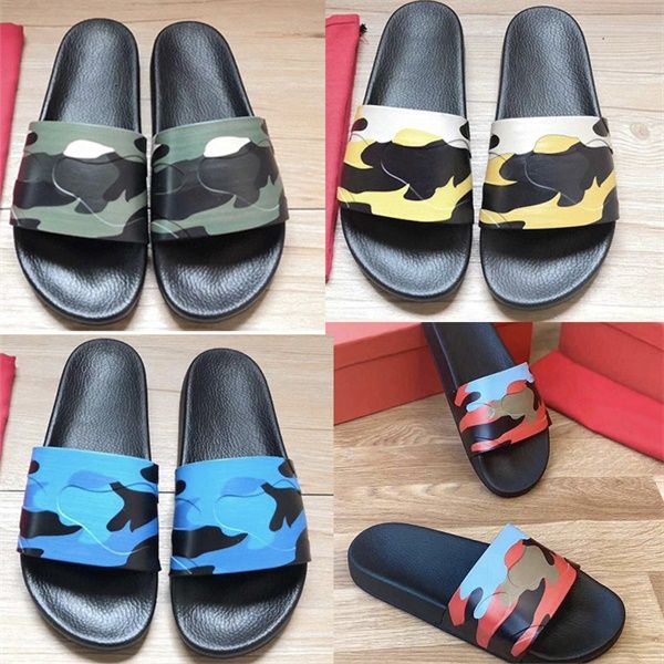 

luxury men slipper camouflage rubber slides army green women flat slides sandals fashion shoes summer slipper with box, Black