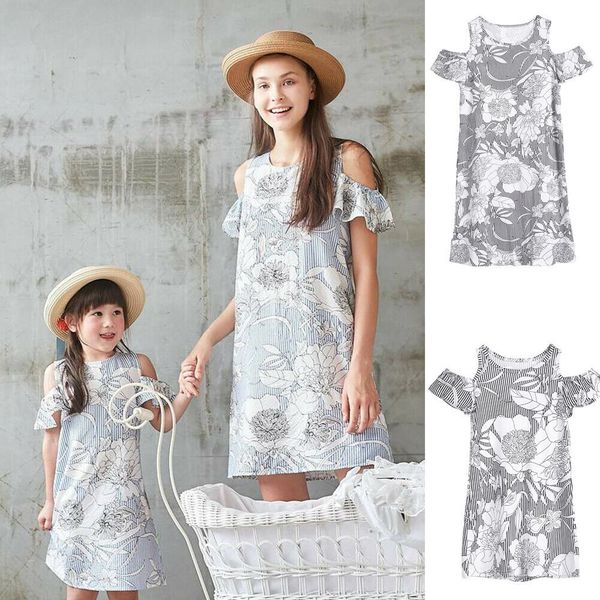 

mother and daughter striped dress matching women girls casual family clothes, Blue