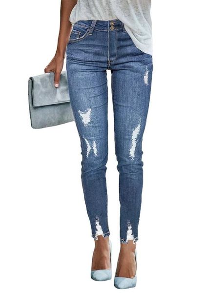 

mid waist 2020 push up denim jeans women slim calca jeans ladies ripped elastic skinny hole vintage pants, Blue