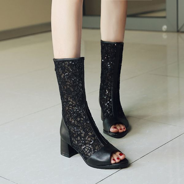 

pqecfs big size 33-43 summer fasion women mesh solid peep toe med heel mid-calf riding boots 1 colors, Black