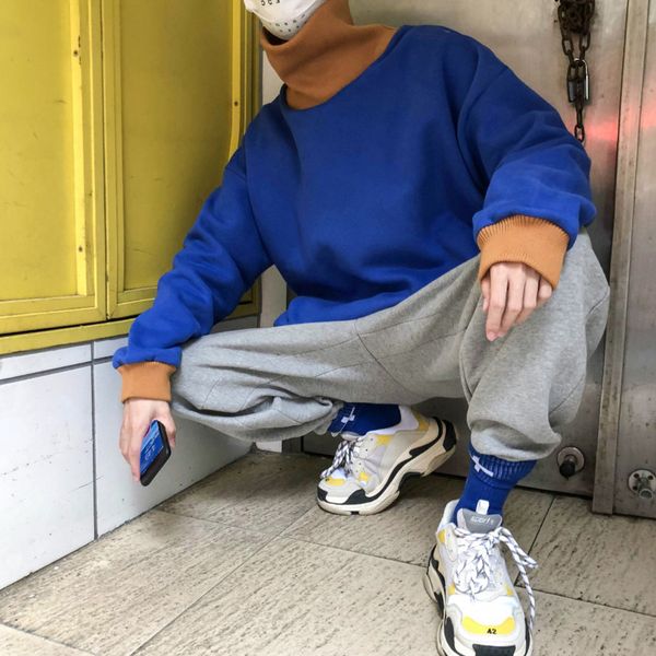 

new men's japanese contrast color high collar thick pullover sweatshirt casual preppy style spandex cotton best, Black