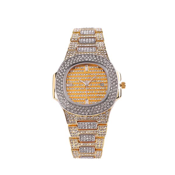 

luxury mens watches gold sliver brand full steel rhinestone dourado quartz wristwatch fashion diamond watch hip hop, Slivery;brown