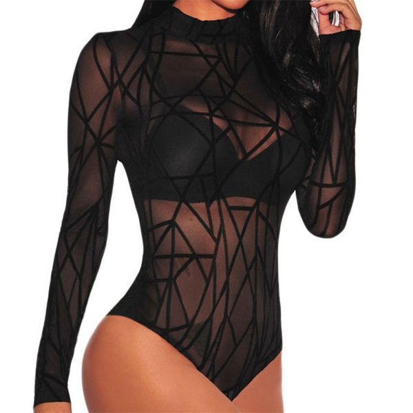 

women's jumpsuits & rompers women sheer mesh bodysuit transparent long sleeve black jumpsuit romper ladies one piece playsuit part, Black;white