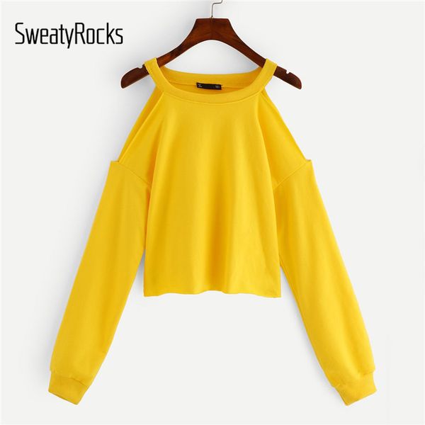 

sweatyrocks yellow open shoulder frayed edge pullover long sleeve cold shoulder crop 2018 autumn casual women sweatshirts, Black