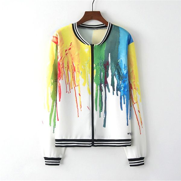 

women long sleeve o-neck animal print pockets casual sport coat female explosion ink paint zipper coat poleron mujer, Black;brown