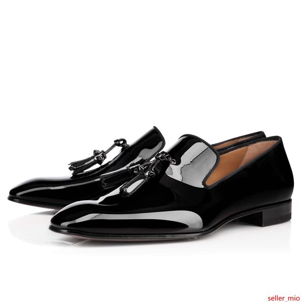 

2019 fashion designer mens shoes loafers black red spike patent leather slip on dress wedding flats bottoms shoe for business party