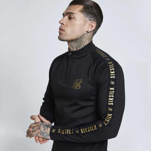 

new fashion men sik silk embroidery solid color elastic t shirt high zipper collar elastic long-sleeved men slim casual t-shirts1, White;black
