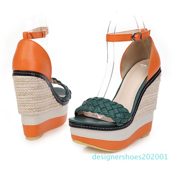 

wetkiss лета сексуальных женщин высокие каблуки платформы сандалии открытым носком weave цвет клинья пряжки ремень сандалии открытый платфор, Black