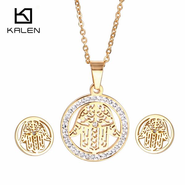 

316l stainless steel jewelry set for women gold color hamsa hand rhinestone circle necklace & earrings set fashion jewelry, Silver