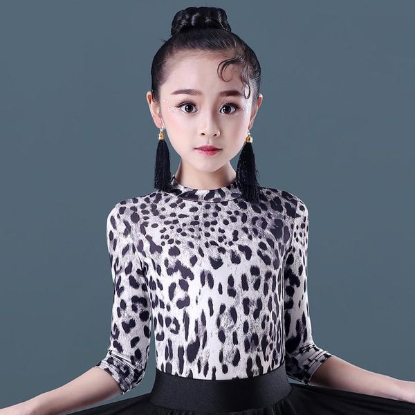 

2019 latin girls leopard print leotard kids rumba cha cha samba dacne clothes children competition performance wear dn3077, Black;red