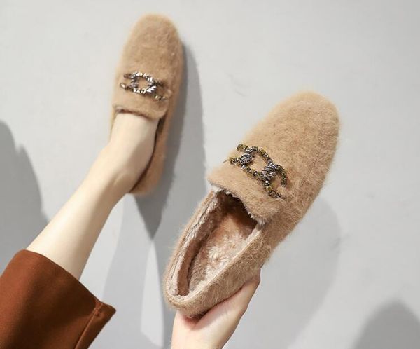 Designer Fashion Elegance Lady Fur Loafers Red Bottom Flat Heel