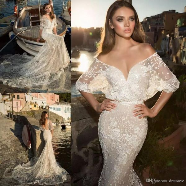 

русалка свадебное платье с плеча половина рукава кружева аппликация backless бисер свадебные платья сексуальное декольте фиштейл свадебное п, White