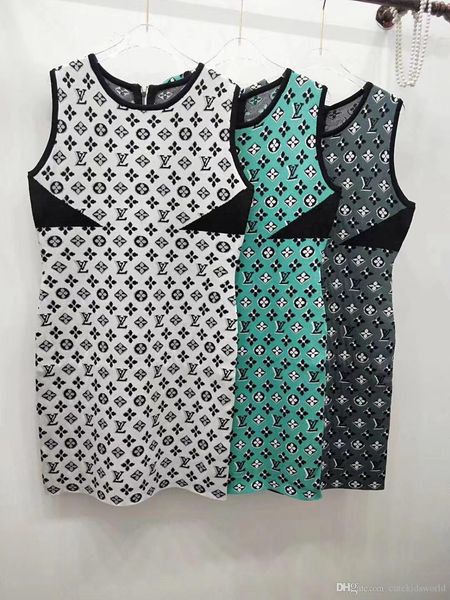 

высокое качество 2020 лето круглый вырез с буквами жилет без рукавов вязание платье женское, Black;gray