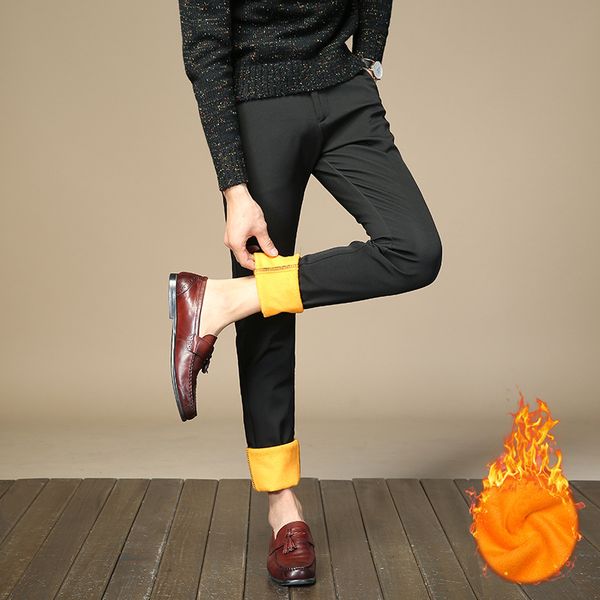 

winter masculino long pants keep warm slim fashion men's trousers thermal thick pencil pants business casual hombre male, Black