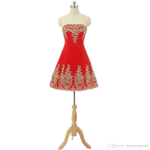 Red Short Prom Dresses Gold Lace Appluques With Beads A Line Knee