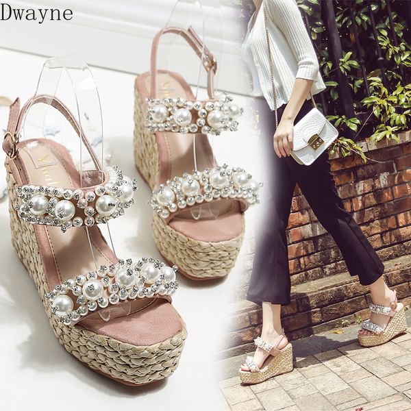 

summer new symphony rhinestone handmade pearl wedge heel platform thick crust open toe high heel sandals, Black