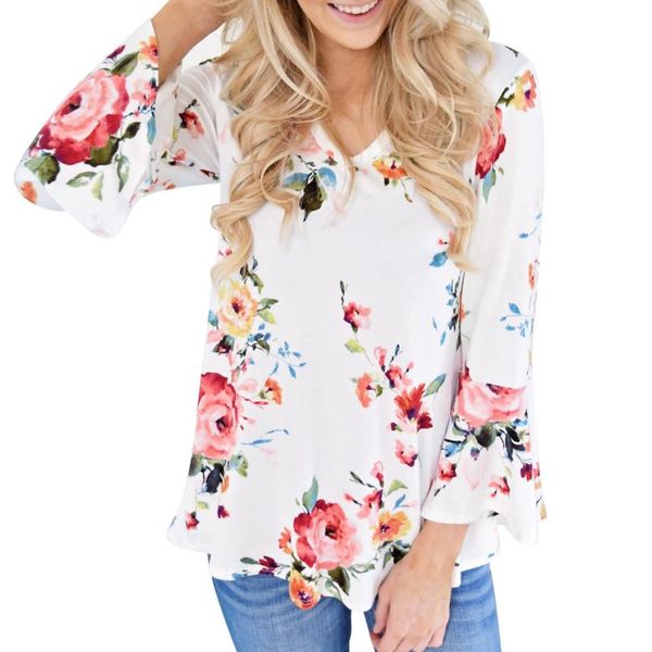

plus size 5xl 2018 women blouse floral v neck flare sleeve long sleeve blouse casual female vintage shirt loose tee shirt, White