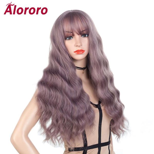 

alororo women long water wave wigs with bang heat resistant synthetic wig cosplay use for daily party female fake hair wigs, Black