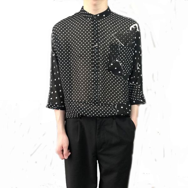 

korean style fashion polka dot shirt men thin summer stand collar casual mens shirts kpop streetwear camisa -2xl, White;black