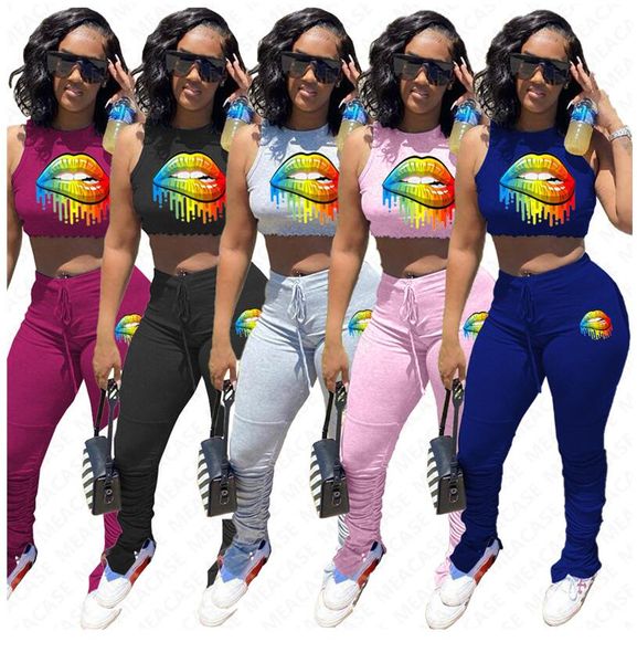 

women clothes rainbow lips print tracksuit sleeveless crop t shirt + pants leggings two piece sets brand outfits fashion sportsuit d7301, White