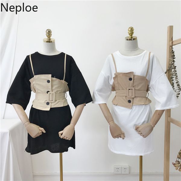 

neploe women two piece outfits summer 2019 solid o-neck short sleeve t shirts+single breasted camis fashion suits 44415, White
