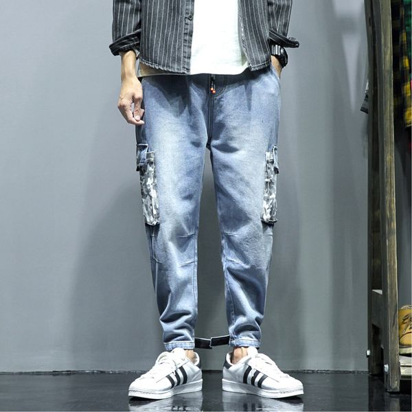 

spring new jeans men fashion washed solid color multi-pocket tooling wind denim pants street wild hip-hop loose straight jeans, Blue