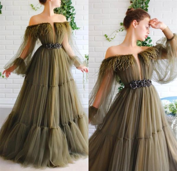 2020 Dark Green Abendkleider Sheer Jewel Ausschnitt Gürtel eine Linie Langarm-Abschlussball-Kleid Fußboden Länge nach Maß Specail Roben De Soirée