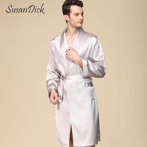 

susandick robe men spring autumn comfortable mens silk bathrobe luxury chinese plus size men kimono satin sleepwear robes, Black;brown